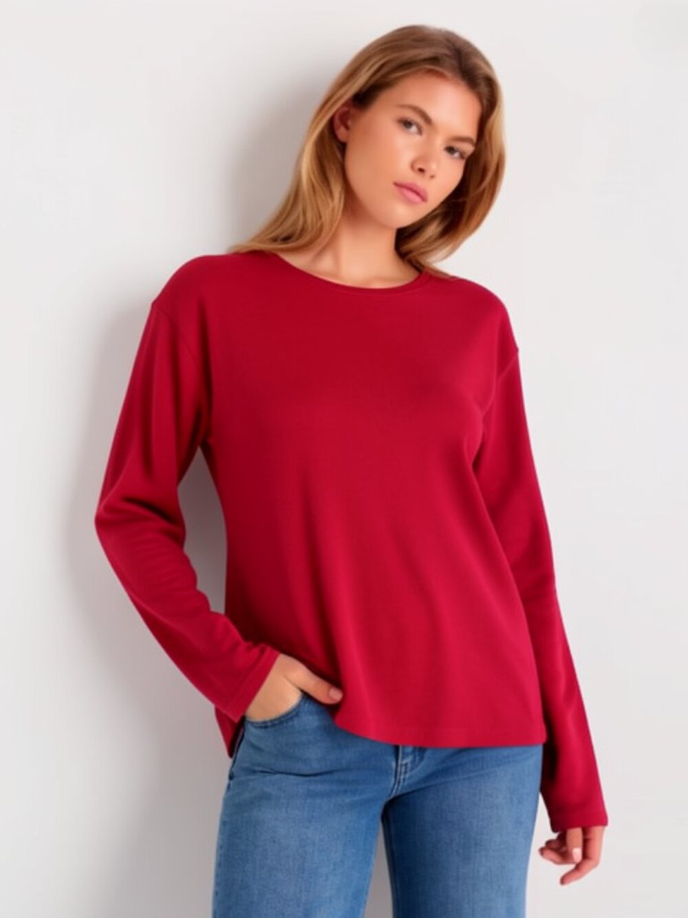 Croft & Barrow Womens The Classic Tee Long Sleeves 100% Cotton Red Size L